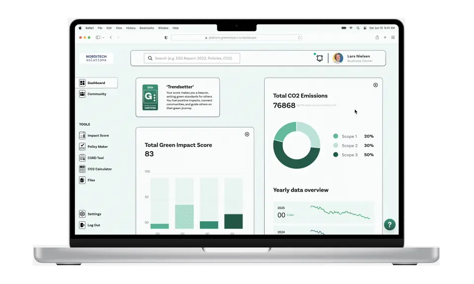 Screen recording of the dashboard — Green Impact Score, CO2 emissions by scope and a yearly data overview — moving into Files, with an upload area and a shared file list