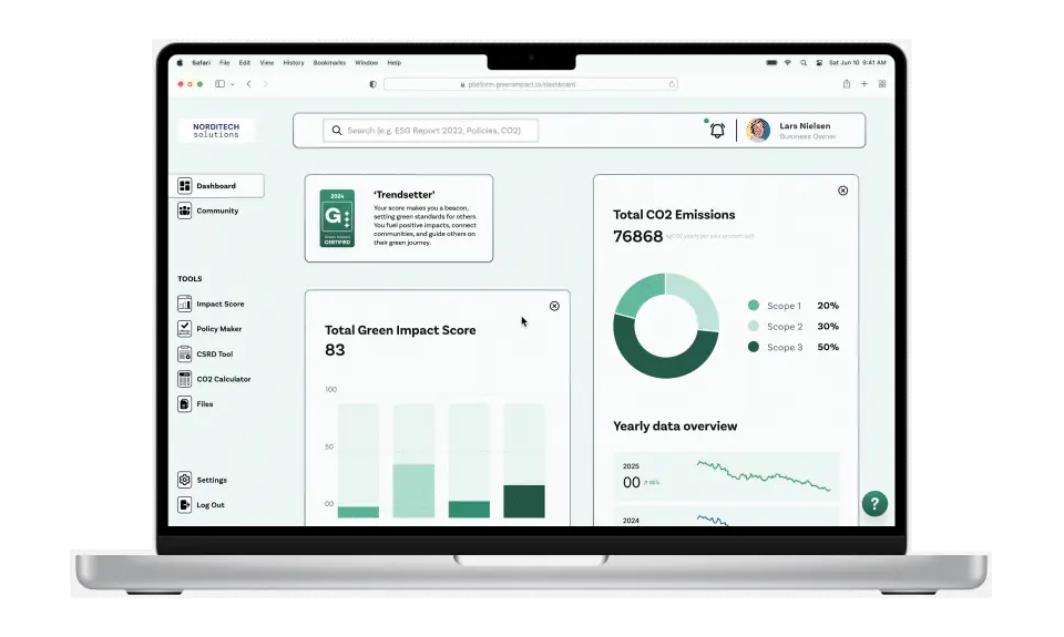 Screen recording of a Green Profile: the company's impact scores across environmental, social, governance, economic and life-cycle dimensions, alongside company and investment details
