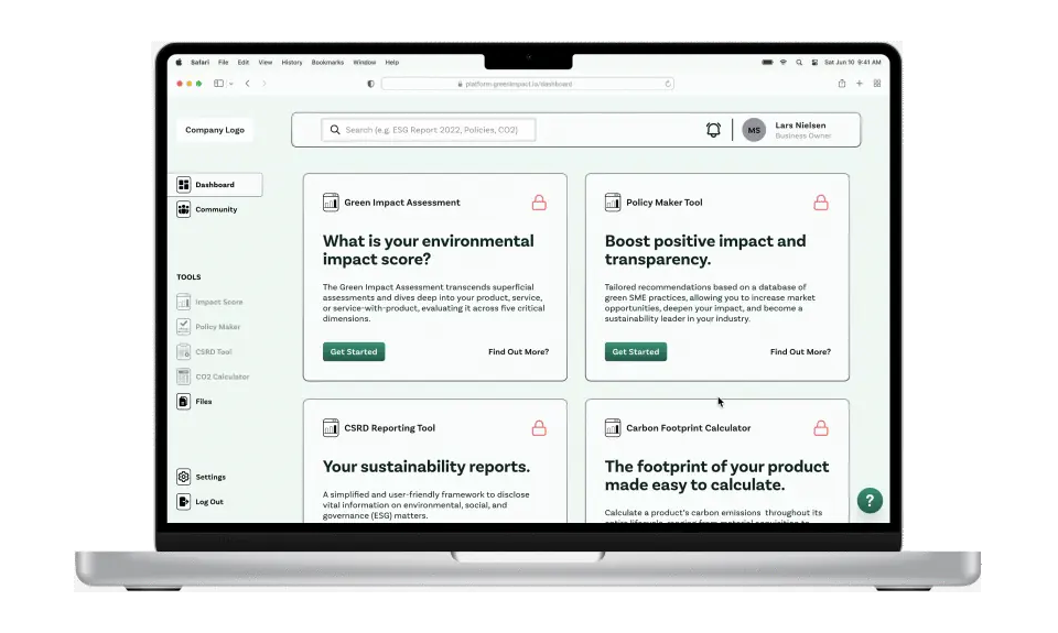 Screen recording of tools activation: locked tools on the dashboard — Green Impact Assessment, Policy Maker, CSRD Reporting and Carbon Footprint Calculator — each with a Get Started button