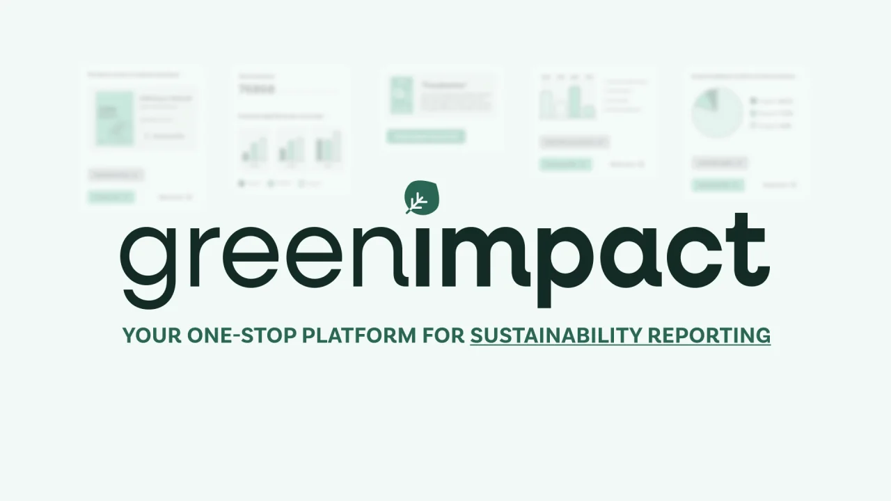 The greenimpact wordmark — Your one-stop platform for sustainability reporting — over softly blurred dashboard cards