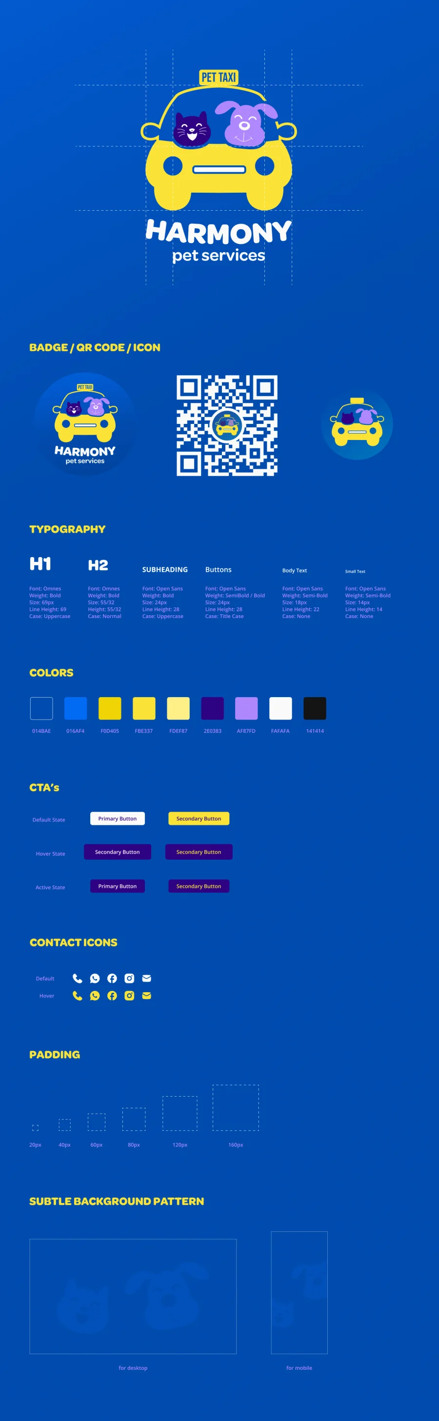 Harmony brand guidelines: the logo on its construction grid; badge, QR code and app icon; typography in Omnes and Open Sans; the colour palette of blues, yellows, purples, white and black; button states, contact icons, spacing scale and a subtle cat-and-dog background pattern