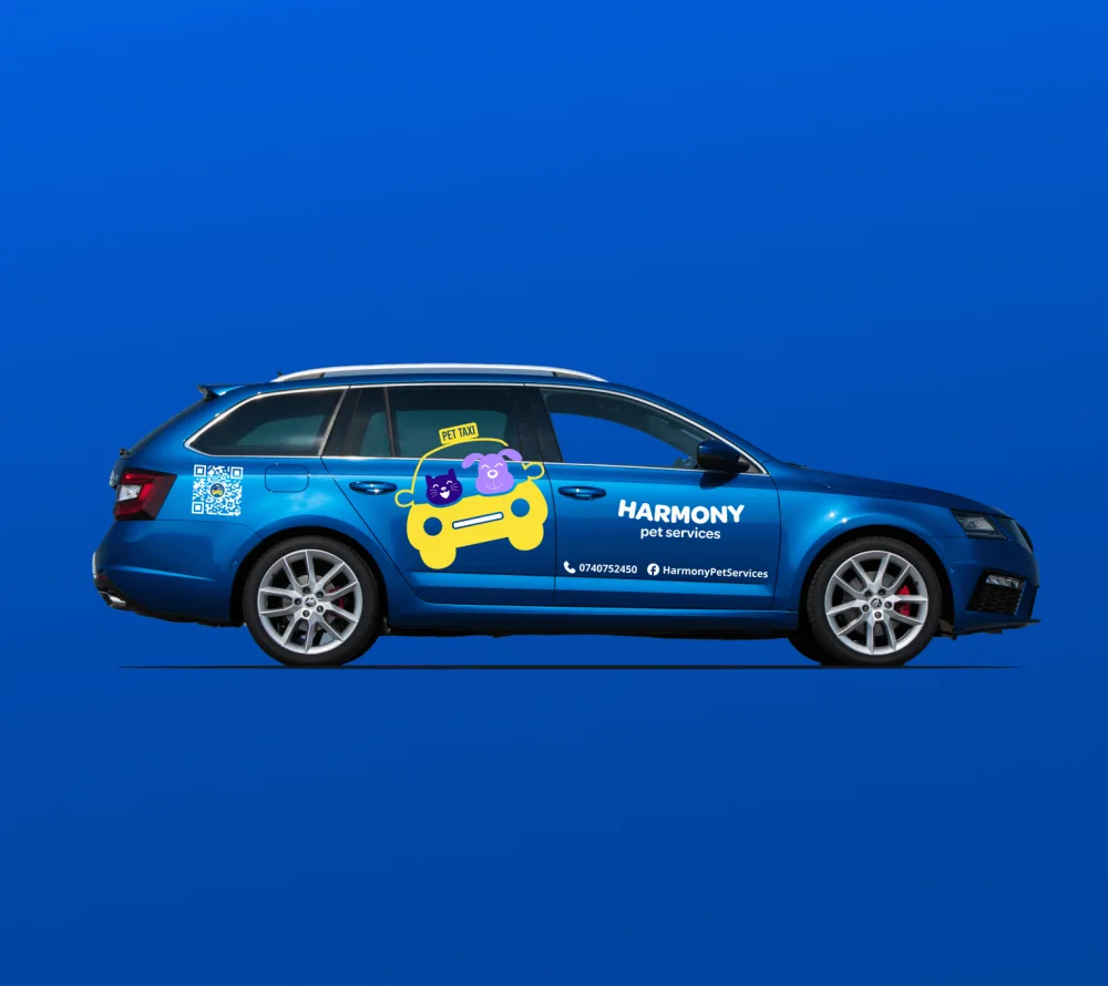 The branded Harmony pet taxi: a blue estate car with the yellow taxi logo, the Harmony Pet Services wordmark, phone number, Facebook handle and a QR code on the side