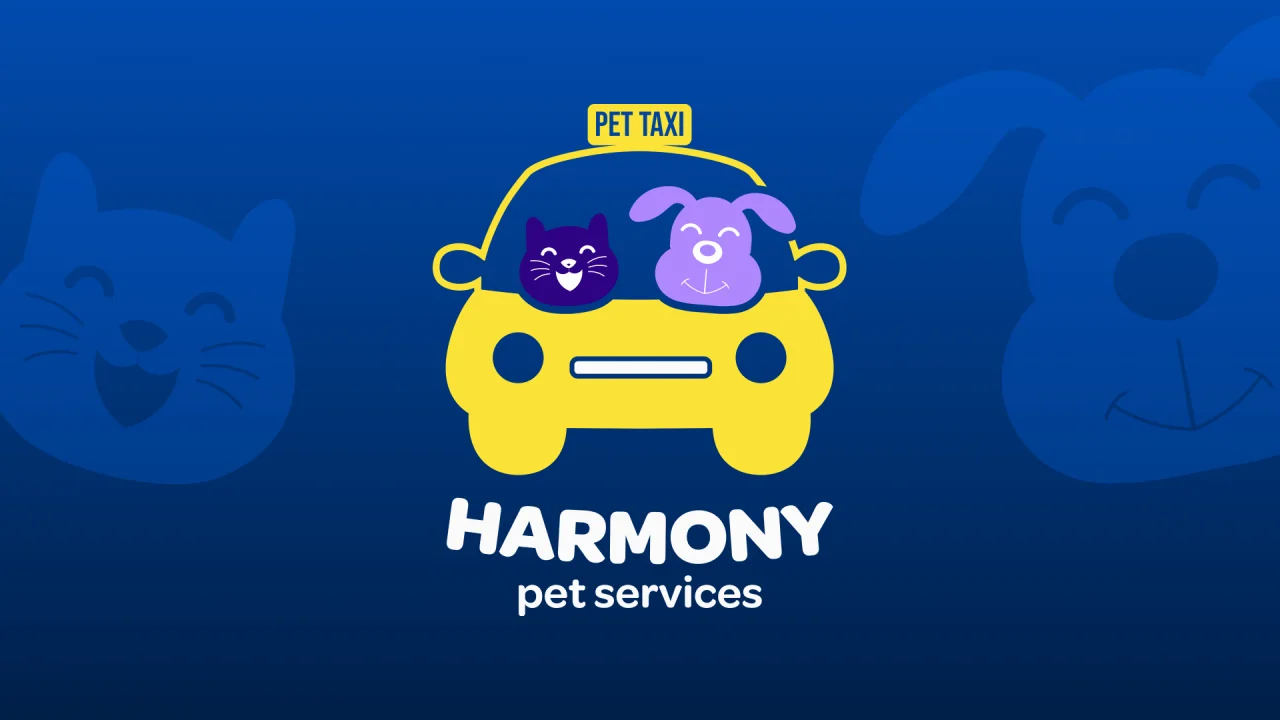The Harmony Pet Services logo: a yellow pet taxi with a smiling cat and dog, on a deep blue background with large cat and dog shapes