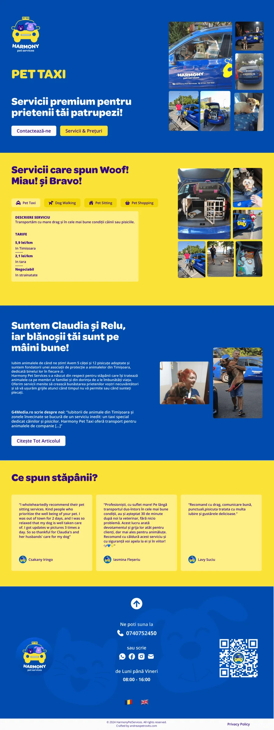 The Harmony Pet Services homepage in Romanian: the Pet Taxi hero with photos of the branded car, services and prices for pet taxi, dog walking, pet sitting and pet shopping, an introduction to the founders Claudia and Relu with a press quote, customer reviews and a contact footer