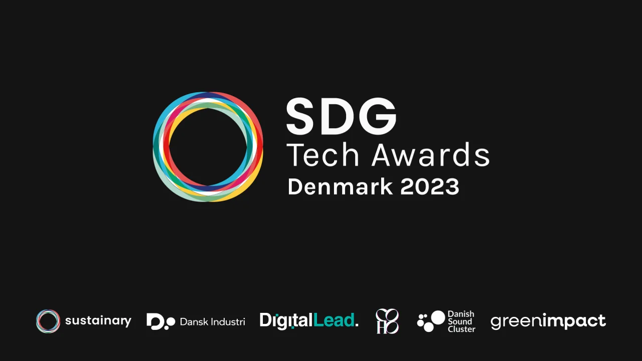 SDG Tech Awards Denmark 2023 logo with partner logos: Sustainary, Dansk Industri, DigitalLead, Danish Sound Cluster and greenimpact