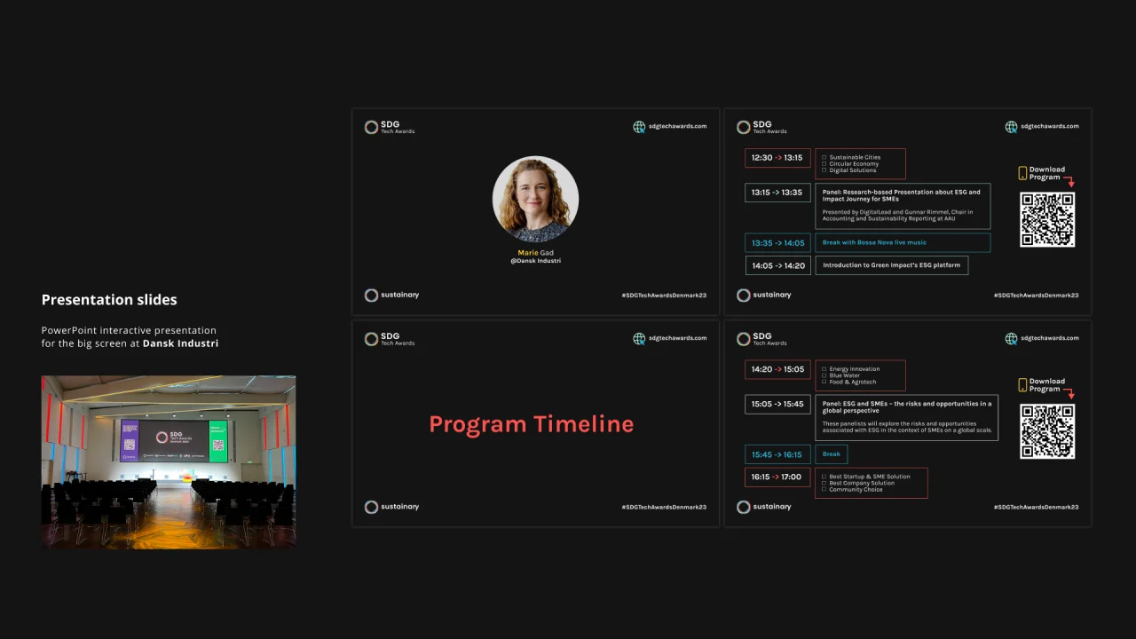 Presentation slides: interactive PowerPoint slides for the big screen at Dansk Industri — a speaker introduction and the program timeline with a QR code to download the program — and a photo of the venue