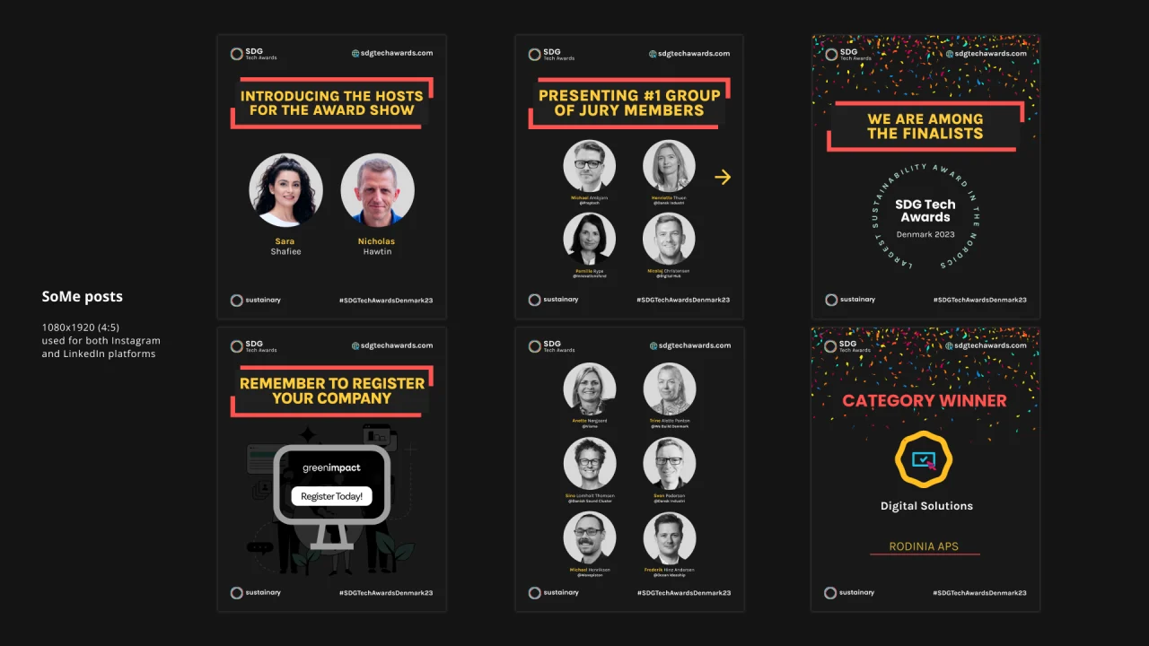 Social media posts in 1080×1920: introducing the hosts, presenting the jury, a register reminder, “We are among the finalists” and a category winner announcement
