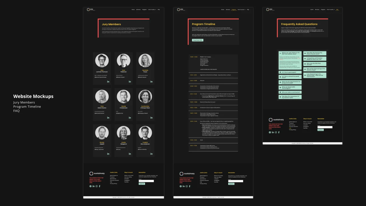 Website mockups for sdgtechawards.com: the Jury Members, Program Timeline and FAQ pages