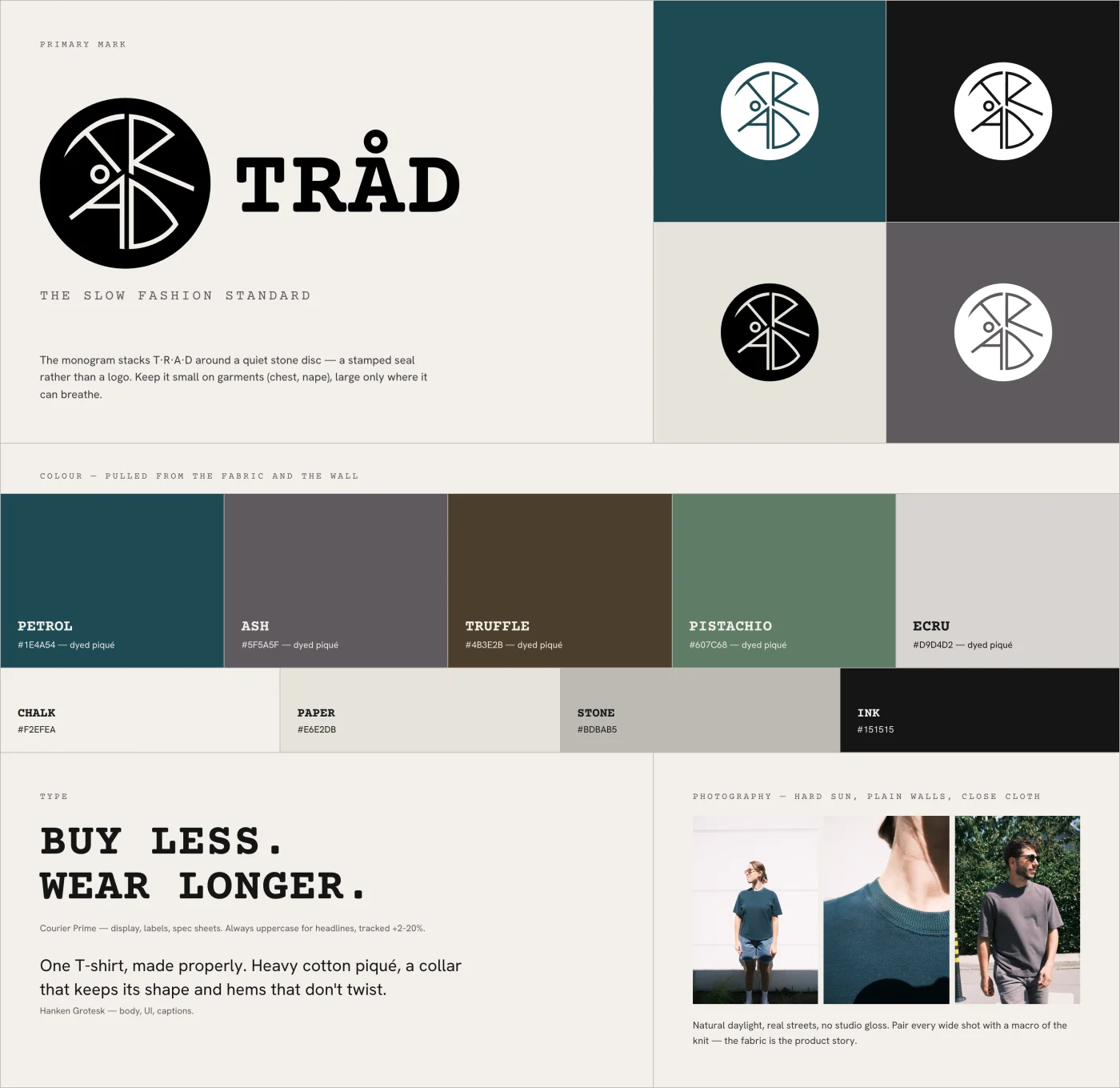 Tråd brand board: the primary mark and wordmark with “The slow fashion standard”, the monogram on petrol, ink, paper and ash; the colour palette — Petrol, Ash, Truffle, Pistachio, Ecru, Chalk, Paper, Stone and Ink; Courier Prime and Hanken Grotesk type; and photography — hard sun, plain walls, close cloth