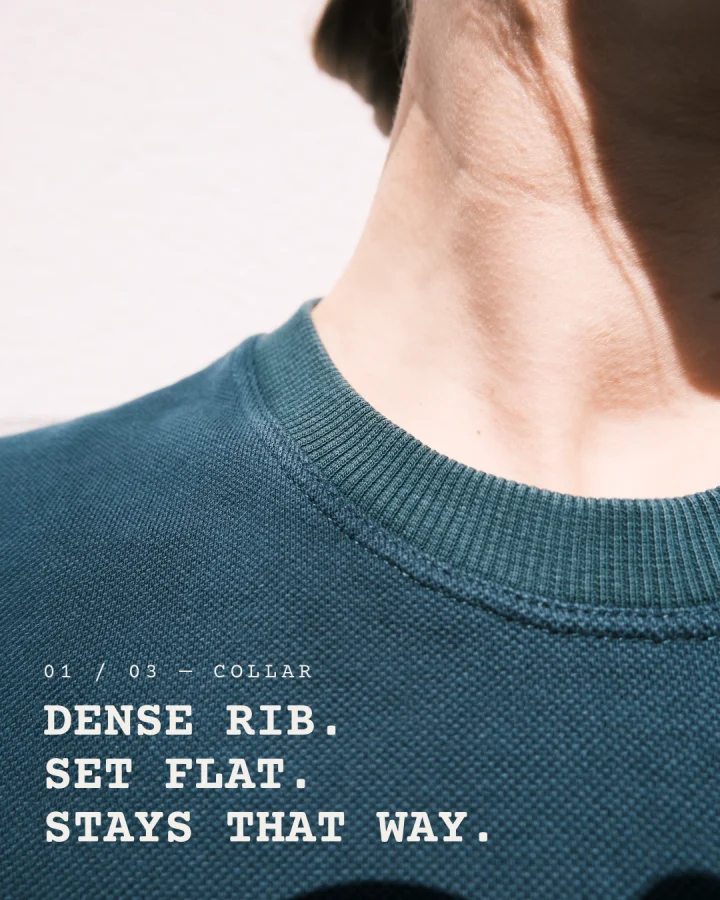 Instagram post: macro of the petrol collar — “01 / 03 — Collar. Dense rib. Set flat. Stays that way.”