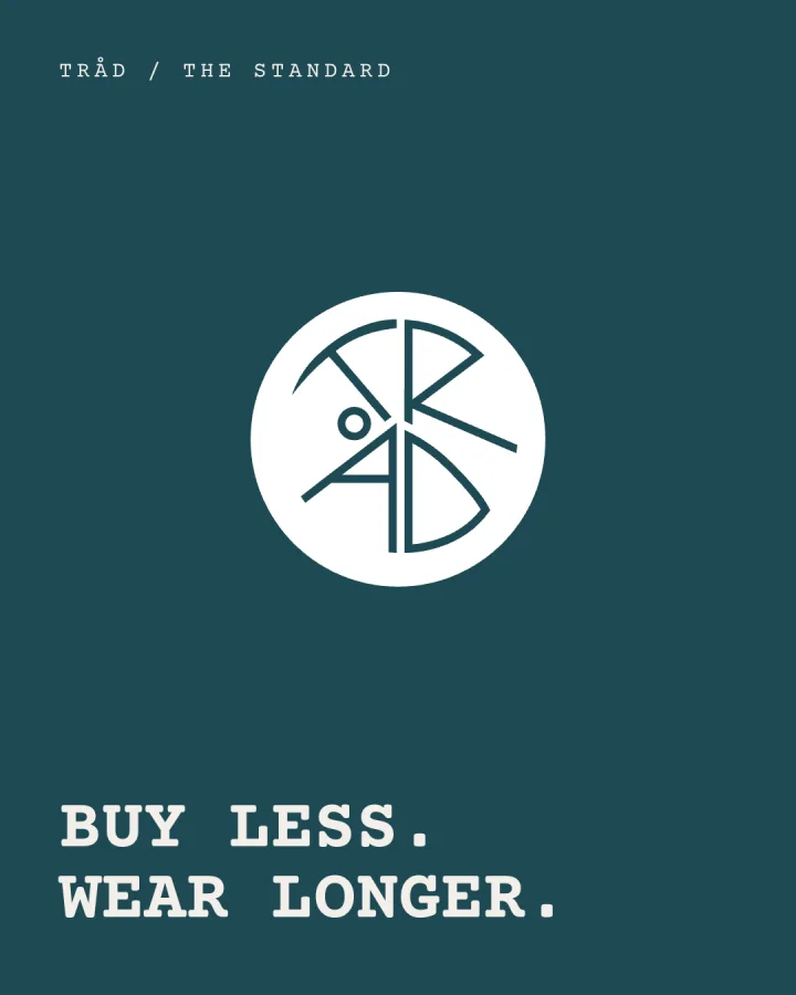 Instagram post: the white monogram on petrol with the line “Buy less. Wear longer.”
