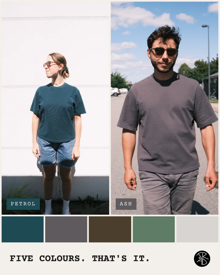 Instagram post: “Five colours. That’s it.” — two people in the petrol and ash T-shirts above the five colour swatches
