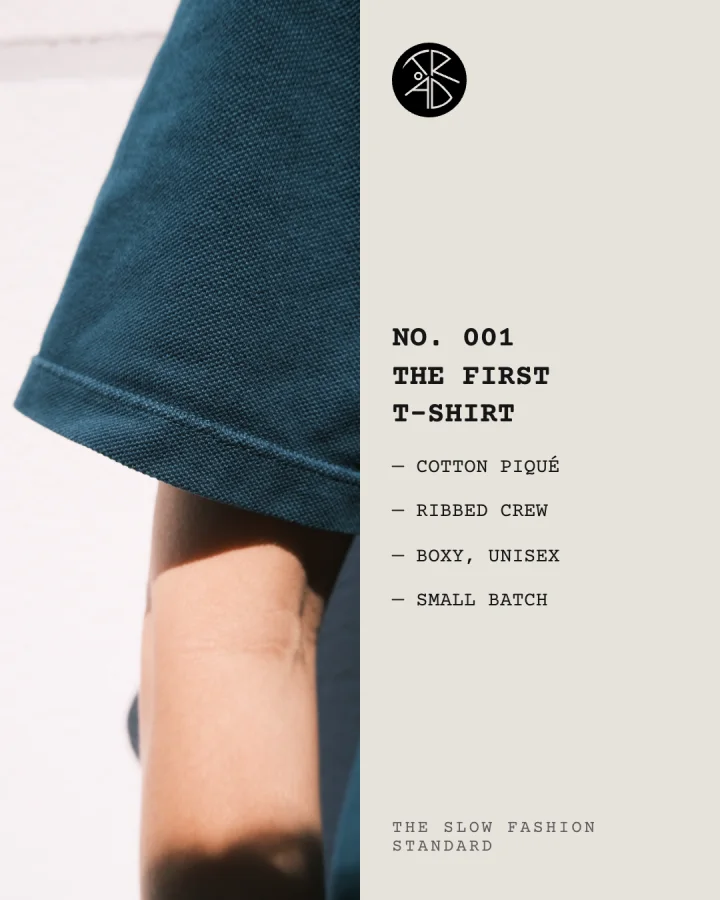 Instagram post: close-up of the sleeve hem beside a spec panel — No. 001 The First T-shirt: cotton piqué, ribbed crew, boxy unisex, small batch