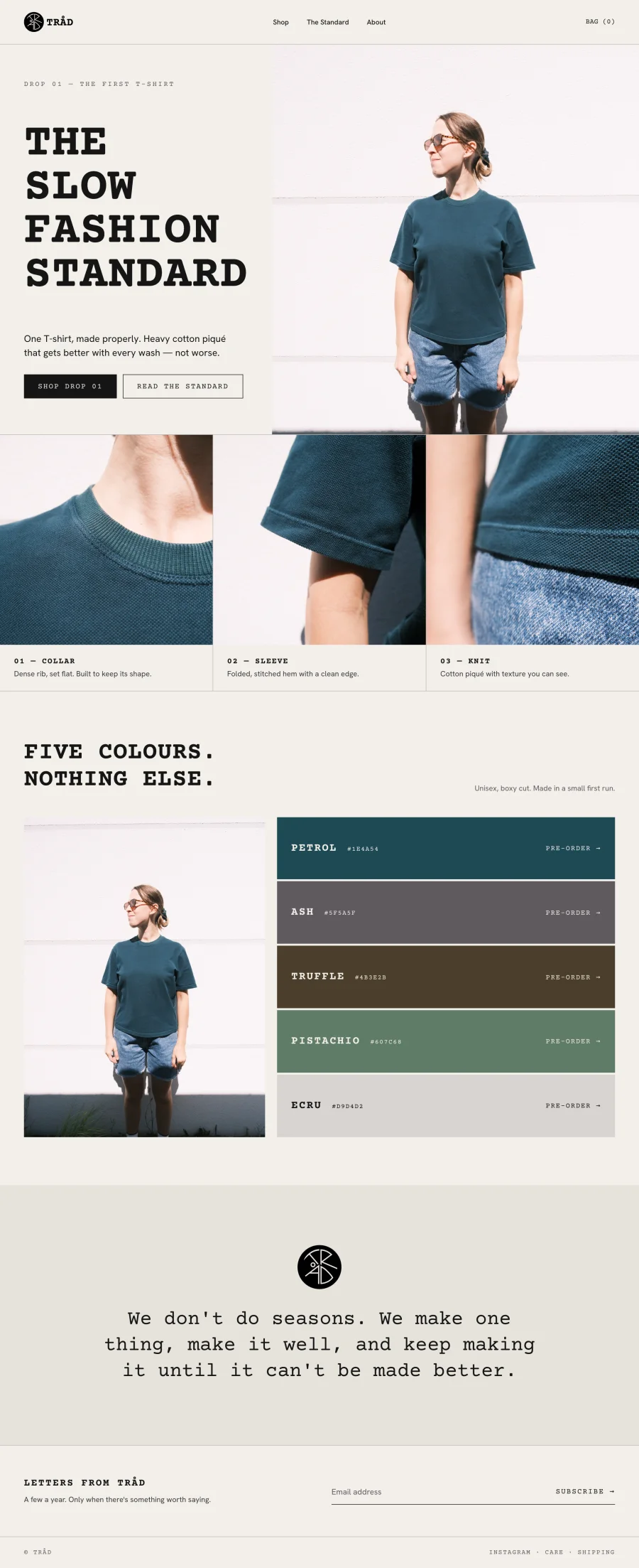 Tråd homepage: “The Slow Fashion Standard” hero with Shop Drop 01, close-ups of the collar, sleeve and knit, the five colours with pre-order links, the brand statement and a newsletter sign-up
